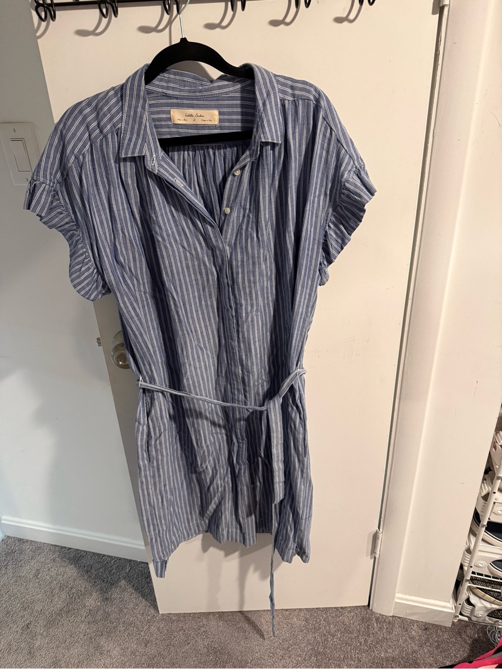 L Isabella Sinclair Blue and White Striped Midi Shirt Dress